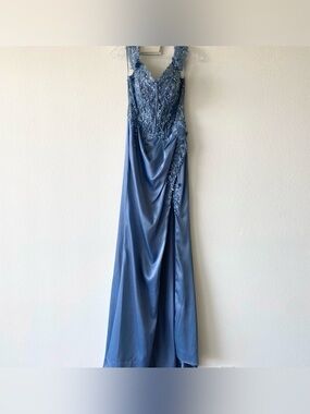 Mia Bella Blue Evening Gown with Beaded Bodice